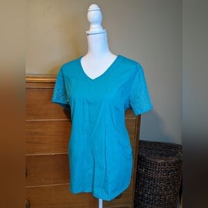 BUTTER SOFT scrub hospital top Teal Fitted Rhinestone Sleeves SZ L